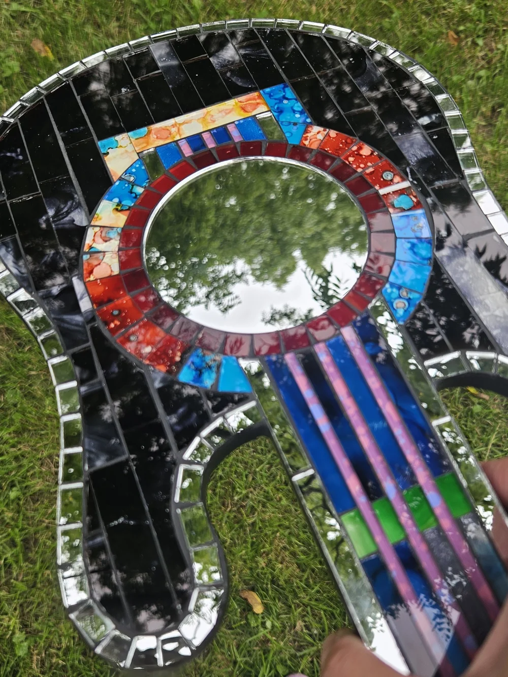 Handcrafted Mosaic Guitar Wall Mirror - Black with Multicolor Accents